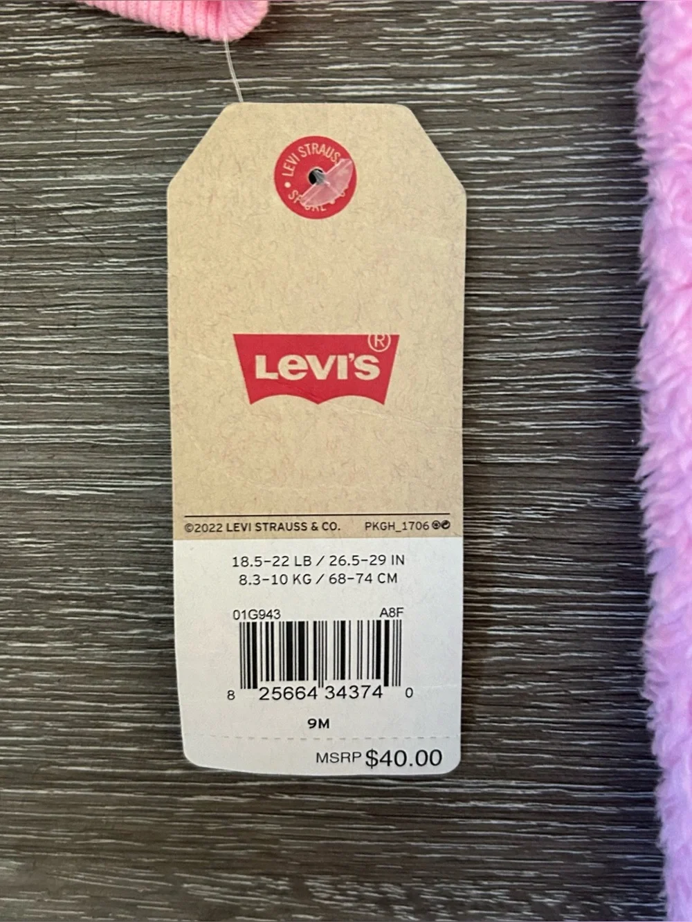 NWT Levi’s 9 Month Warm Fuzzy Pink Winter Hooded Zip Up Body Suit
